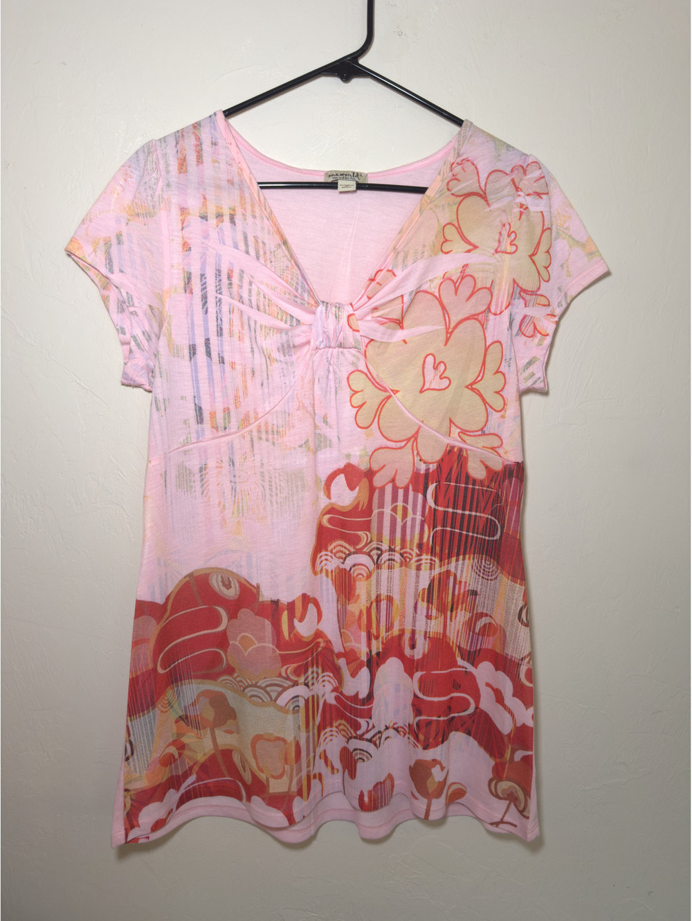 Y2K Women’s Large Pink Abstract Floral Ruched Neck Short Sleeve Top